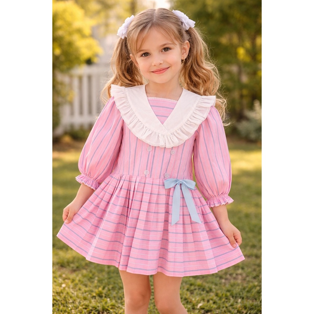 Handmade Girls Vintage Pink Striped Pleated Dress Ruffle Sailor‎ Collar Blue Bow